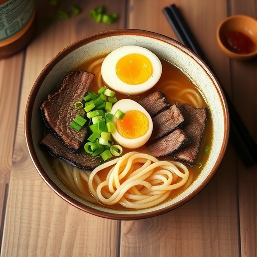 Savory Beef Ramen Noodle Soup Recipe Bowl of beef ramen with beef slices, green onions, soft boiled egg, and noodles in flavorful broth.